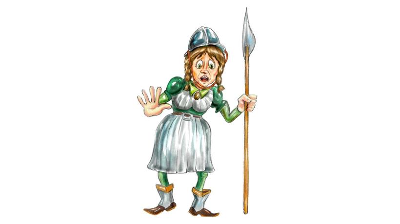 Eine Illustration einer Wachfrau mit Kleid, Helm und Speer.
