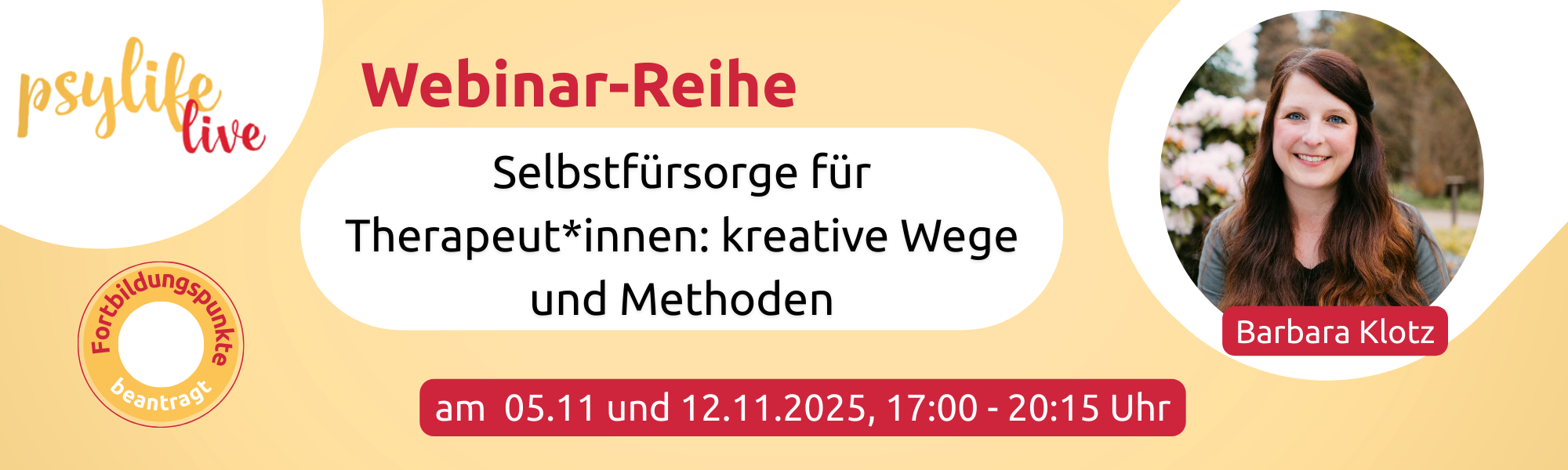 Werbebanner für Webinar mit Barbara Klotz zum Thema Selbstfürsorge für Therapeut:innen