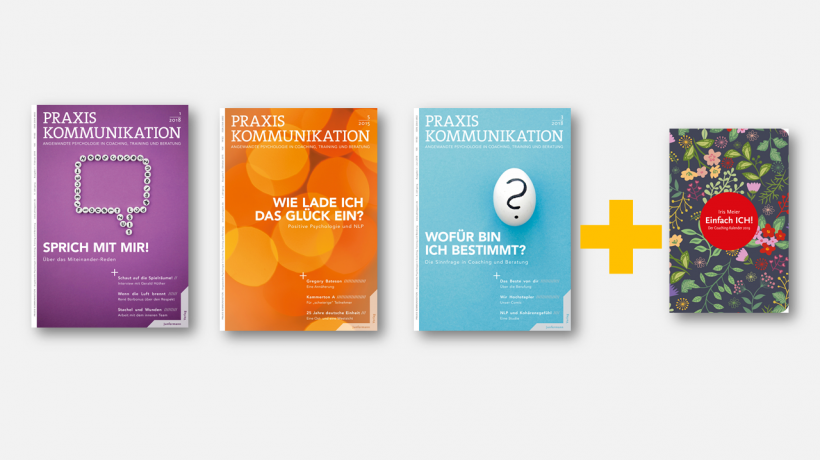 Geschenk-Bundle: Jahresabo der Zeitschrift Praxis Kommunikation (insgesamt 6 Ausgaben) plus Coaching-Kalender „Einfach ICH“ (Bild: Junfermann Verlag) Geschenk-Bundle: Jahresabo der Zeitschrift Praxis Kommunikation (insgesamt 6 Ausgaben) plus Coaching-Kalender „Einfach ICH“ (Bild: Junfermann Verlag)
