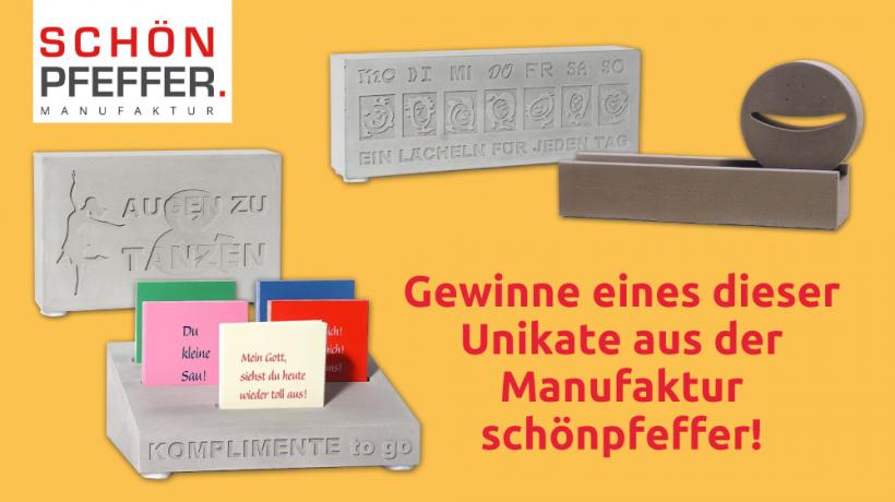 Diese vier Unikate aus der Manufaktur schönpfeffer werden verlost (Abbildungen: schönpfeffer) Diese vier Unikate aus der Manufaktur schönpfeffer werden verlost (Abbildungen: schönpfeffer)