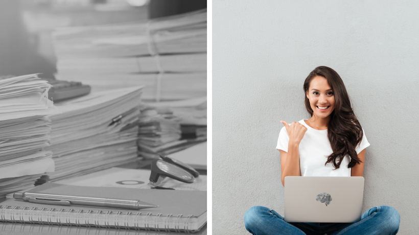 Praxisverwaltung: vorher - nachher Praxisverwaltung: Papierstapel vs. TheraPsy (Frau mit Laptop)