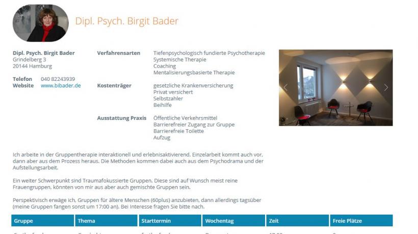 Infoseite einer Psychotherapeutin auf gruppenplatz.de (Abbildung: gruppenplatz.de)