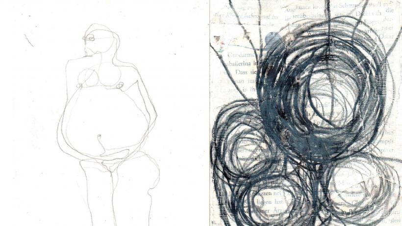 Links Zeichnung einer Schwangeren und rechts schwarze Kreise aus einer Buchseite.