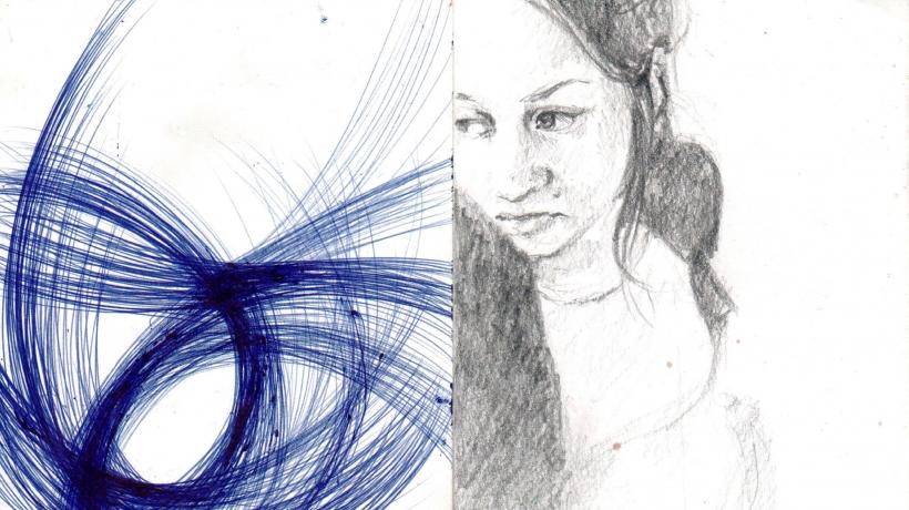 Links abstrakte Zeichnung mit Kugelschreiber, rechts gezeichnetes Selbstportrait von Hannah Elsche.