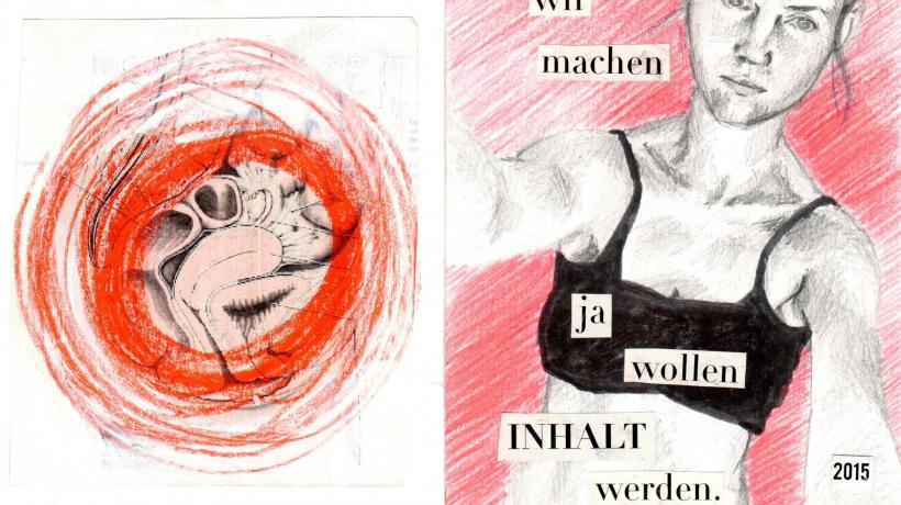 Links eine Zeichnung von einem Uterus und rechts eine Collage mit einem Selbstportrait von Hannah Elsche.