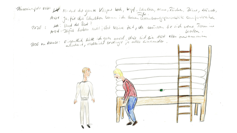 Zeichnung von Arzt und Patientin mit Dialog, der sich weiter unten im Artikel wiederfindet.