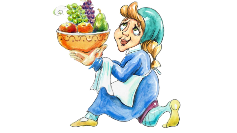 Illustration einer Dienerin mit einer Fruchtschale, blauem Kleid und blauer Mütze.
