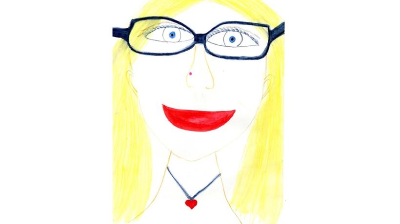Eine Zeichnung einer Frau mit Brille, blonden Haaren, roten Lippen und Halskette.