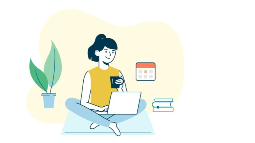 Illustration einer Patientin, die mit einem Laptop auf dem Schoß auf einer Matte sitzt.