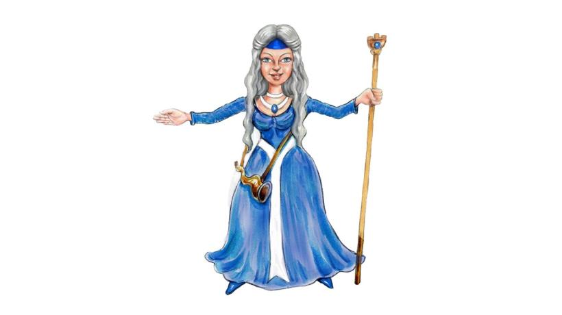Illustration der Burgherrin, die ein blaues Kleid trägt, lange graue Haare hat und ein Zepter.