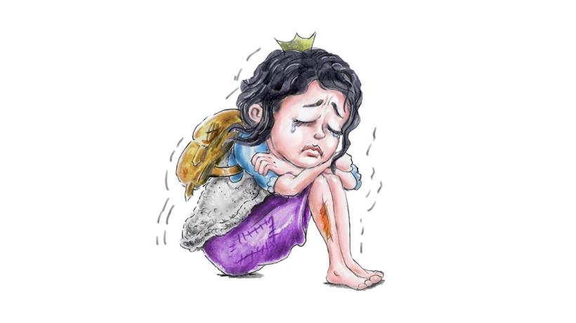 Illustration einer weinenden kleinen Prinzessin, die sitzend ihre Knie umschlingt.