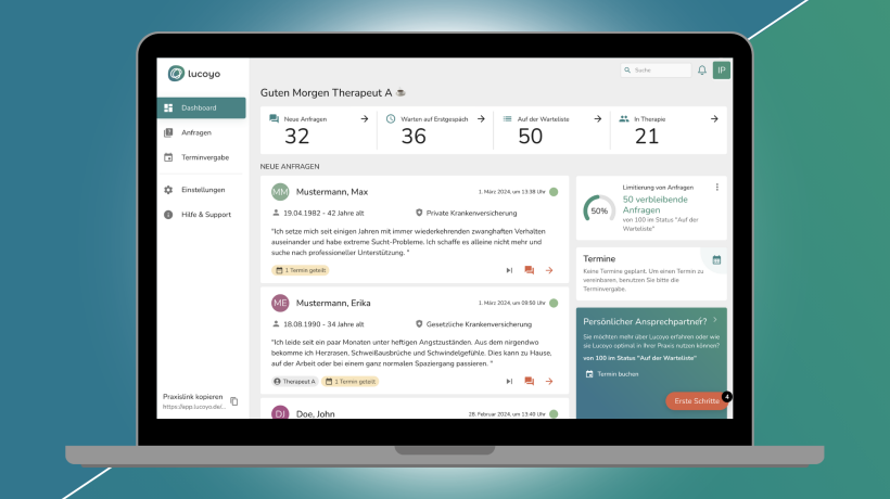 Foto: Lucoyo Health GmbH Desktop-Ansicht von der Praxissoftware von Lucoyo