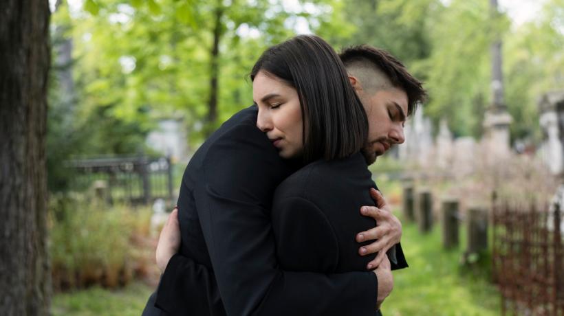 Foto: freepik.com Ein Mann und eine Frau in schwarzer Kleidung umarmen sich auf einem Friedhof.