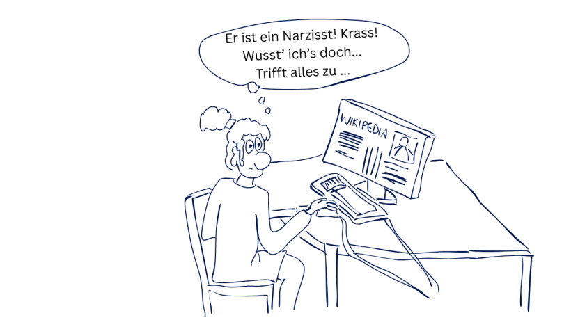 Grafik: Monika Röder Comic einer weiblichen Person, die am PC chattet. Gedankenblase mit "Er ist ein Narzisst! Krass! Wusst' ich's doch... trifft alles zu"