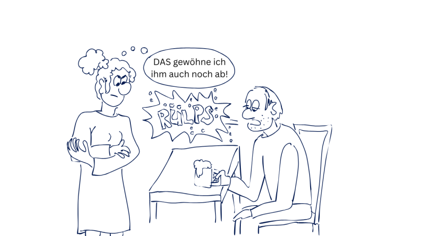 Grafik: Monika Röder Comic einer Frau, die auf ihren Mann schaut und denkt "DAS gewöhne ich ihm auch noch ab"
