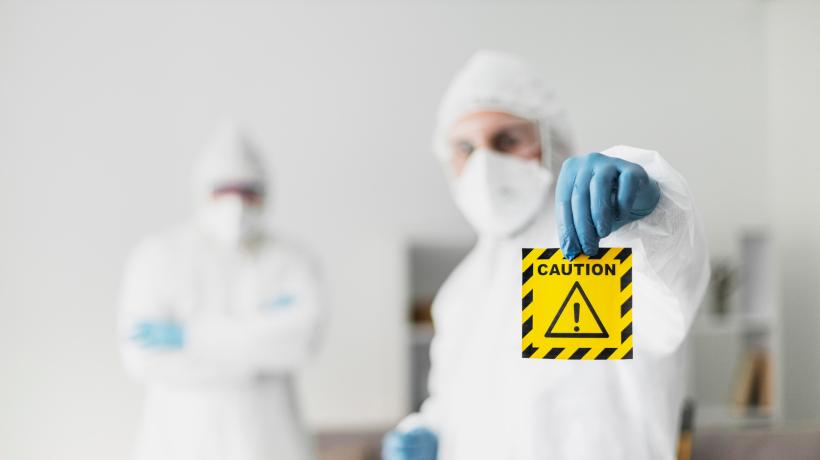 Zwei Personen in Hygieneschutzkleidung. Eine Person hält ein Achtung-Symbol hoch.