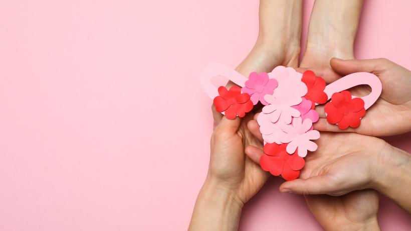 Zwei verschränkte Hände vor rosa Hintergrund, die einen Eierstock aus rosa Papier halten.