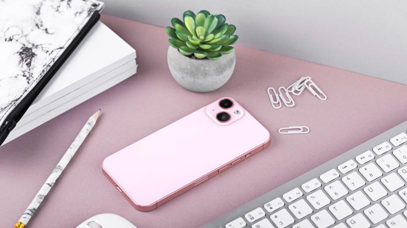 Ein rosa Smartphone, ein Notizblock, ein Stift, eine Tastatur mit Maus und eine Pflanze liegen auf einem rosa Tisch.