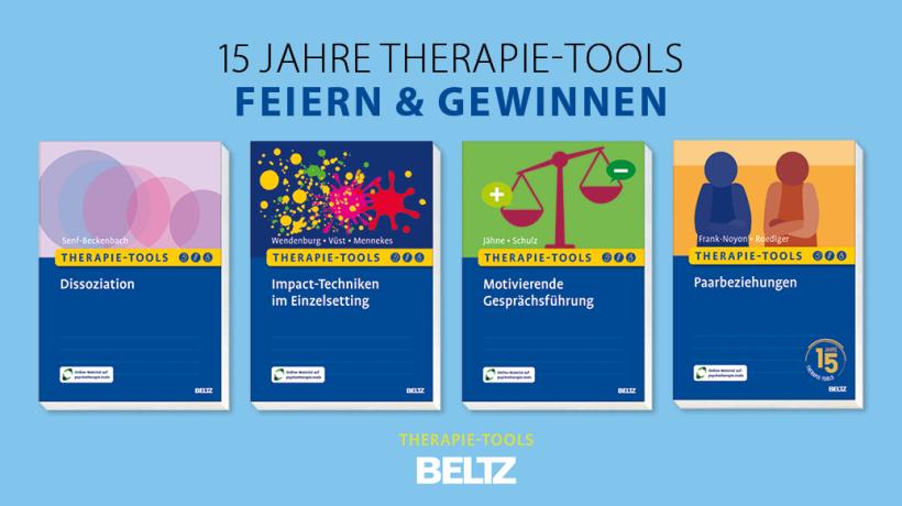 Bild: Beltz Verlag 4 Buchcover, darüber steht 15 JAHRE THERAPIE-TOOLS FEIERN & GEWINNEN