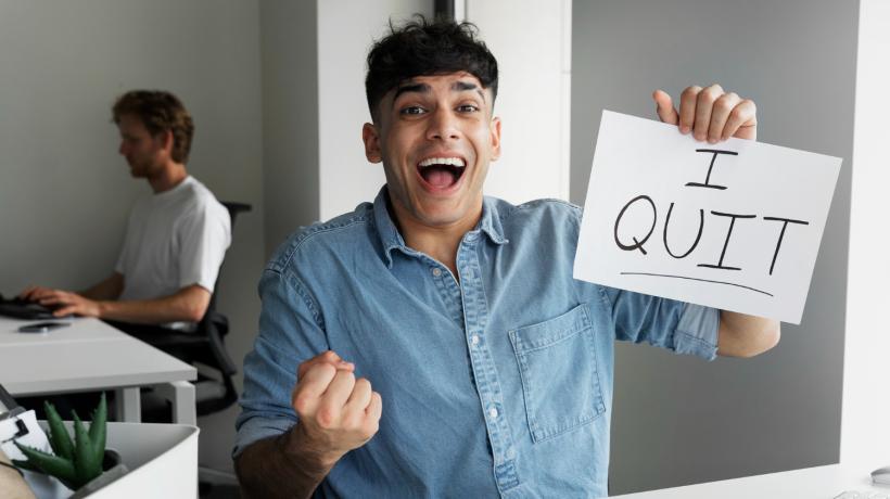 Ein junger Mann hebt strahlend ein Schild mit "I quit" hoch und sitzt an einem Arbeitstisch.