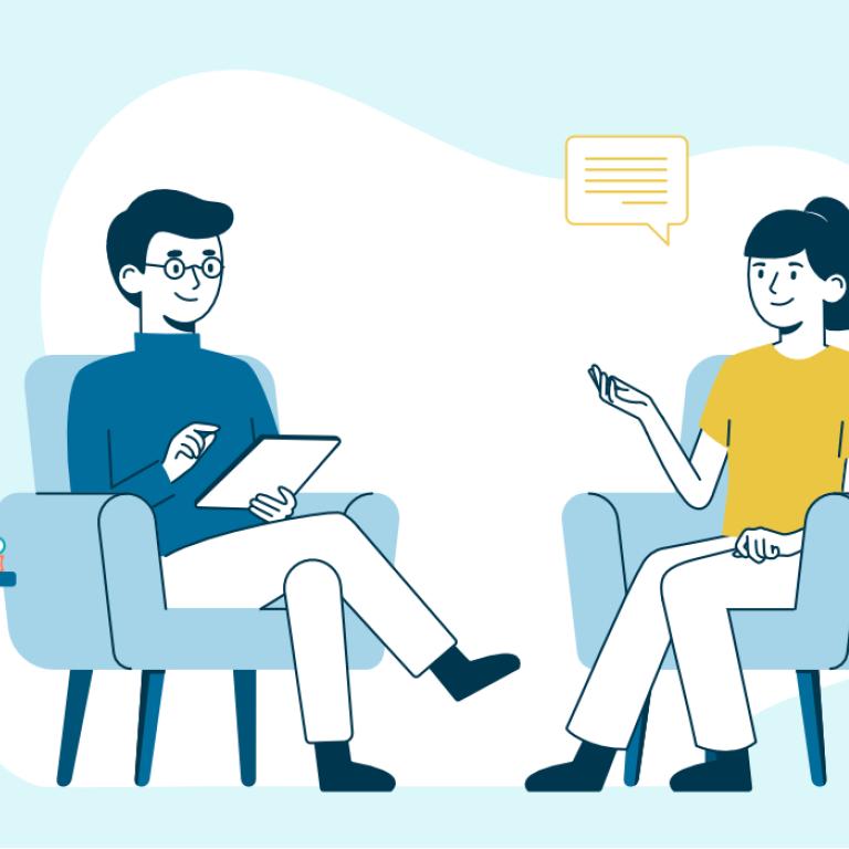 Eine Illustration von einer Therapiesituation mit Therapeut und Patientin, die sich gegenübersitzen.