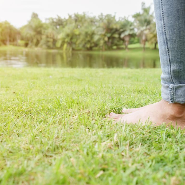 Man sieht zwei nackte Füße einer Person, die auf einer grünen Wiese steht, im Hintergrund ein See und Bäume.