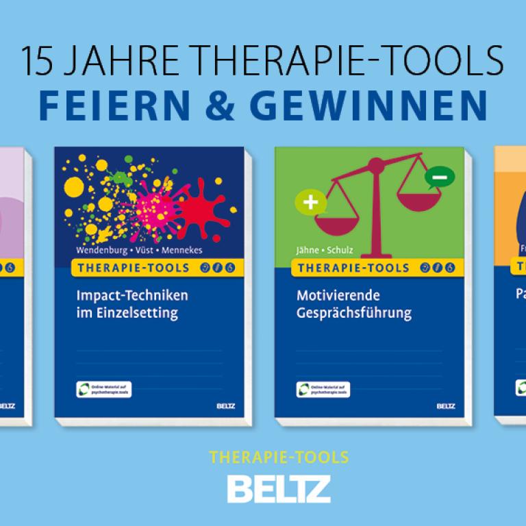 4 Buchcover, darüber steht 15 JAHRE THERAPIE-TOOLS FEIERN & GEWINNEN