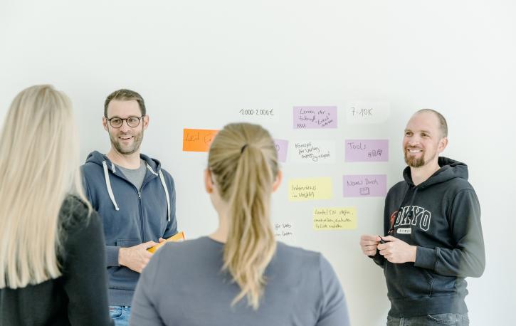 Foto: WORK LIFE ROMANCE Zwei Workshopteilnehmerinnen und zwei Coaches arbeiten zusammen vor einem Schaubild.