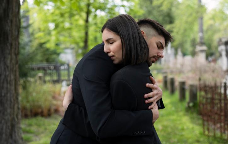 Ein Mann und eine Frau in schwarzer Kleidung umarmen sich auf einem Friedhof.