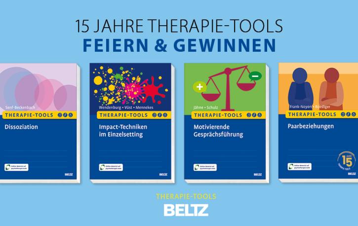 4 Buchcover, darüber steht 15 JAHRE THERAPIE-TOOLS FEIERN & GEWINNEN