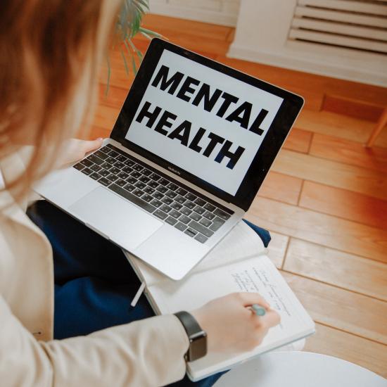 Eine sitzende Person hält mit der linken Hand einen Laptop auf ihren Knien, auf dessen Display die Worte Mental Health stehen. Mit der rechten Hand macht sie sich handschriftliche Notizen.
