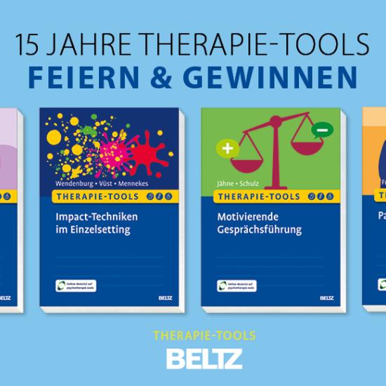 4 Buchcover, darüber steht 15 JAHRE THERAPIE-TOOLS FEIERN & GEWINNEN