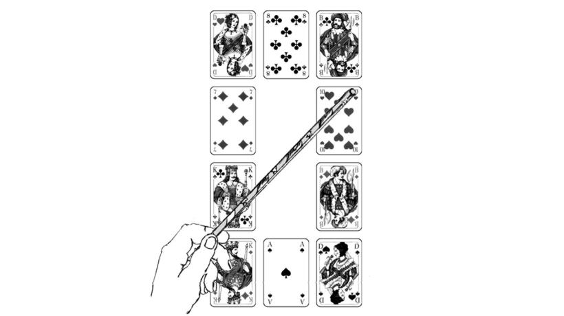 10 Spielkarten im Rechteck angeordnet, eine Hand mit Zauberstab darüber