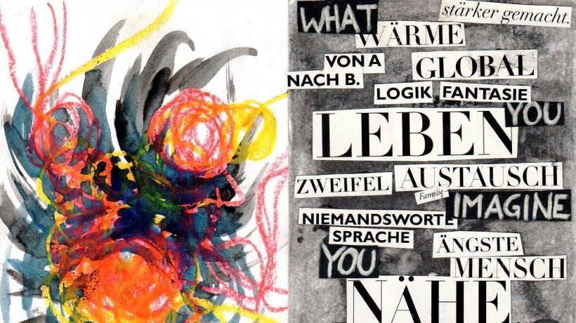 Links ein abstraktes farbiges Bild, rechts eine schwarz-weiße Collage mit Zeitungsausschnitten.