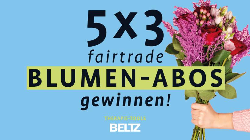 Blumenstrauß vor blauem Hintergrund, in der Mitte der Text "5x3 fairtrade BLUMEN-ABOS gewinnen!"