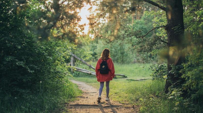 Eine Frau mit roter Jacke und Rucksack geht auf einem sonnendurchfluteten Waldweg.