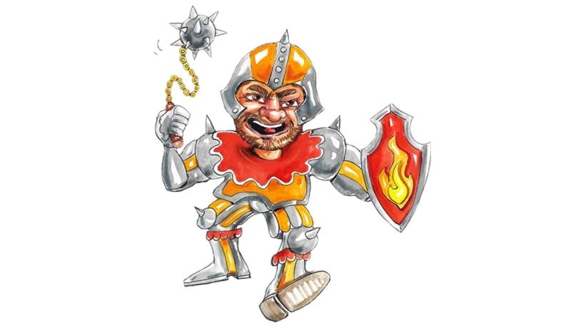 Illustration eines Ritters mit Rüstung, Schild und Morgenstern, auf denen Flammensymbole zu sehen sind.