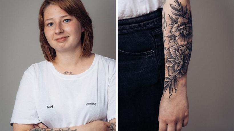 Eine Collage aus einer Porträtaufnahme von Saskia inkl. Oberkörper sowie einer Nahaufnahme ihres tätowierten rechten Arms.