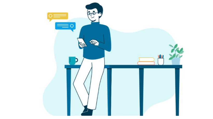 Illustration eines Therapeuten, der an einen Tisch gelehnt mit seinem Smartphone Nachrichten schreibt.